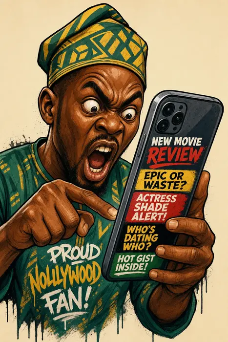a nollywood fan from nigeria furiously tapping a giant smartphone eyes wide at spicy movie reviews a