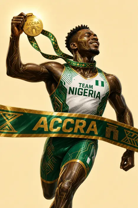 a team nigeria sprinter from nigeria bursting through the finish tape while raising a glowing gold m