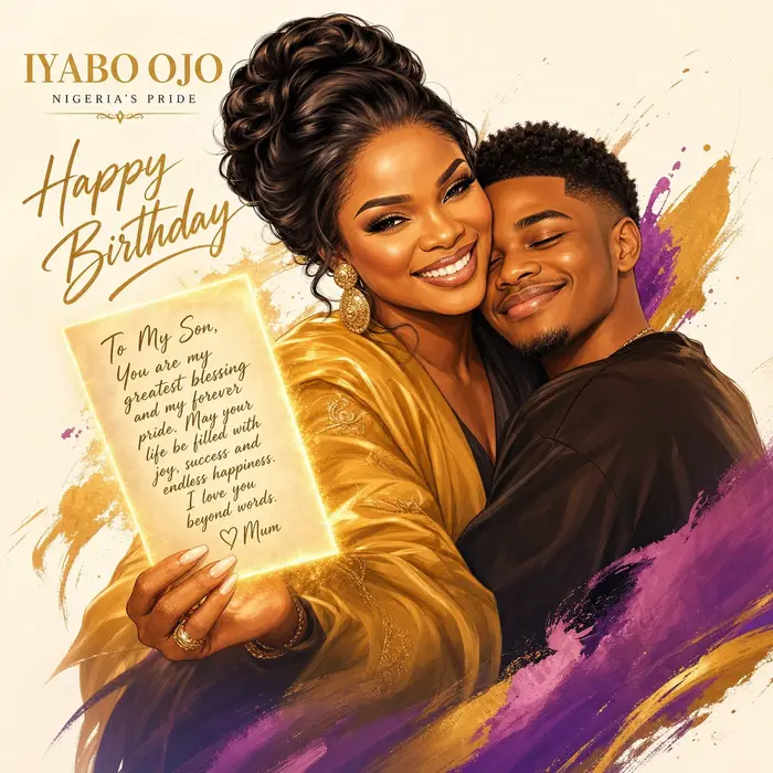 iyabo ojo of nigeria hugging her son while presenting a glowing birthday note with warm celebratory