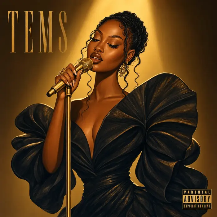 tems from nigeria singing into a golden microphone in a dramatic couture gown at a grand opening spo