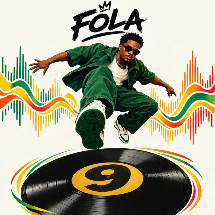 nigerias fola leaping from a giant vinyl record marked 9 surrounded by colorful afrobeats soundwaves